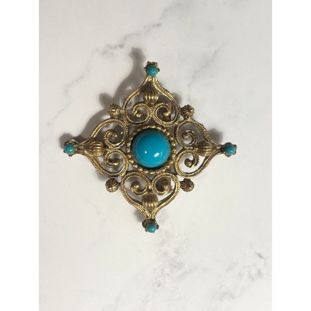 Vintage Gold Tone Filigree Brooch Faux Turquoise Cabochon Ornate Pin Victorian